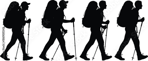hiking, backpacker, silhouette, traveler, mountain, trekking, adventure, climber, vector, outdoor, athlete, journey, nature, exercise, fitness,hiking, backpacker, 