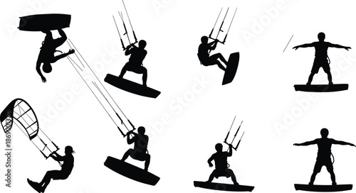 Kitesurfing silhouette set, kiteboarder performing tricks and jumps, extreme water sports collection, surfing athletes isolated on white background, 