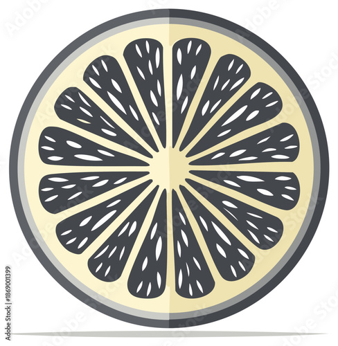 Cartoon illustration of a sliced citrus fruit, showing details of the pulp