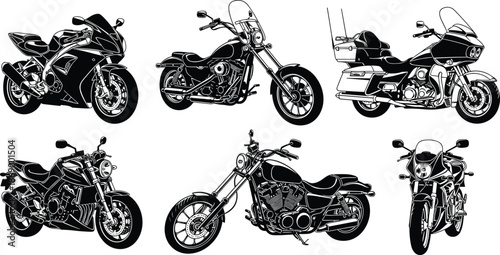 Set, of, detailed, motorcycle, silhouettes, featuring, sport, bikes, choppers, cruisers, and, touring, motorbikes, for, transportation, racing, and, automotive, design, isolated, black, vector, 