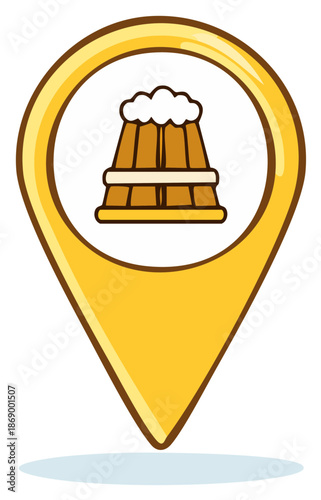 Yellow location pin with wooden beer mug icon representing a destination for drinks or pubs