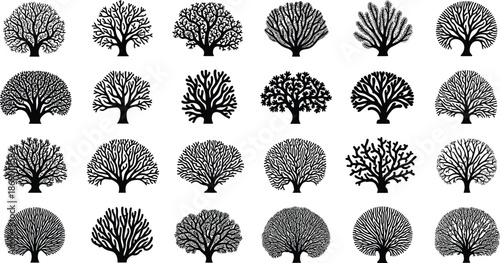 Set, of, majestic, stag, deer, silhouettes, featuring, large, antlers, in, jumping, and, standing, poses, for, wildlife, nature, hunting, design, isolated, vector, illustrations, on, white, background