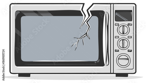 Broken Microwave Oven Appliance with Cracked Door Window and Manual Controls