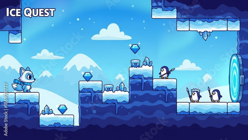 A cute cartoon penguin and arctic fox play on ice blocks with diamonds and snow in a fun winter scene with mountains and clouds with game