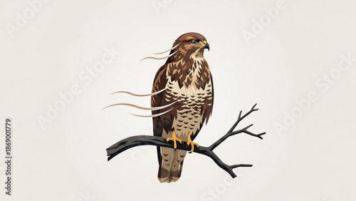 A brown and white hawk perched on a bare tree branch with feathers ruffled by the wind against a plain background with bird with wildlife