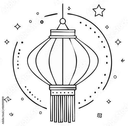 Traditional oriental lantern line art with decorative tassels and a whimsical starry design