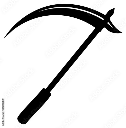 Black Silhouette of a Curved Scythe with a Long Handle