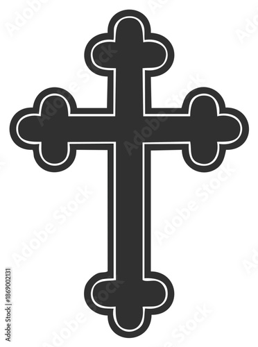 Ornate Christian Cross Symbol with Rounded Trefoil Arms and Outline Detail