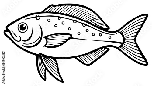 Single black and white illustration of a fish with dots, side view
