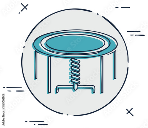 Outline illustration of a trampoline with spring for kids, sport and entertainment, round design, play equipment, bounce.