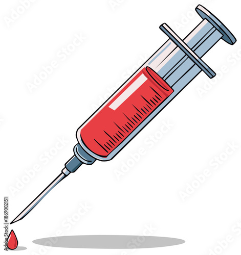 Medical syringe filled with red liquid and a drop falling from its needle