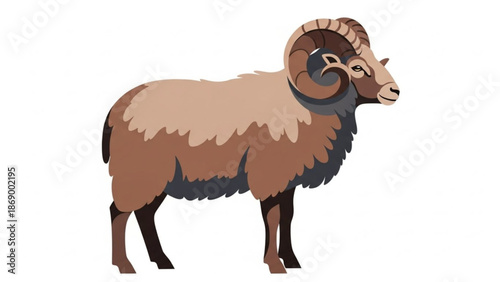 A large brown ram with curved horns and shaggy fur stands on a white background looking to the right with a calm expression on its with sheep