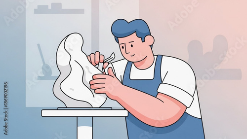 A cartoon man in a blue apron sculpting a white clay figure with a tool in a studio with artist and creative and craft and hand with shaping