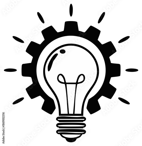 Light bulb with gear and radiating lines representing innovative idea and mechanical inspiration