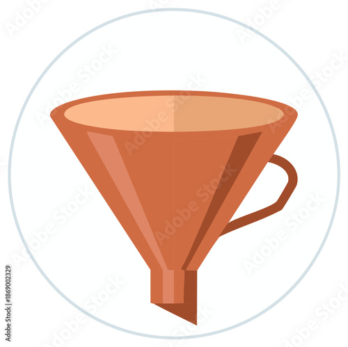 Brown funnel flat design illustration with handle perfect for filtering or data processing concepts.