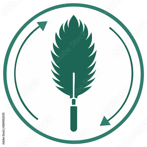 Feather duster design within a circular frame with directional arrows