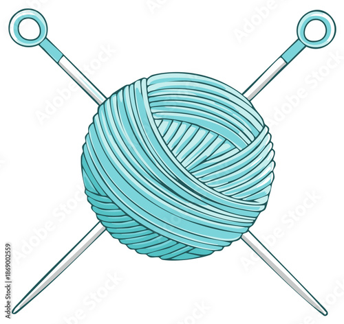 Knitting Project Turquoise Yarn Ball and Cross Knitting Needles Illustration