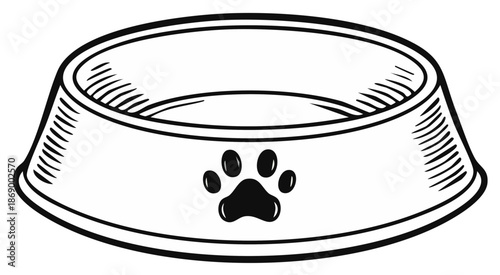 Simple Line Drawing of a Pet Food Bowl with a Paw Print Emblem