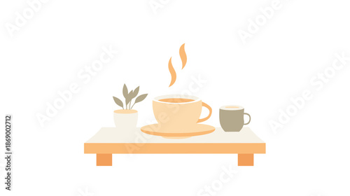 Steaming Coffee Cup on Wooden Tray.