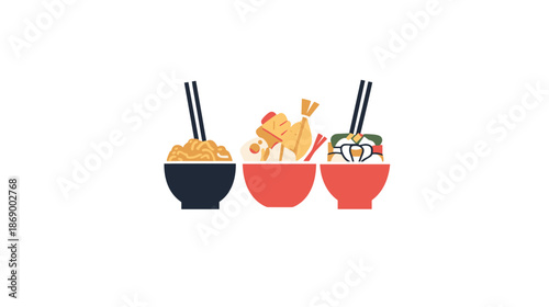 Three Bowls of Asian Noodle Dishes.