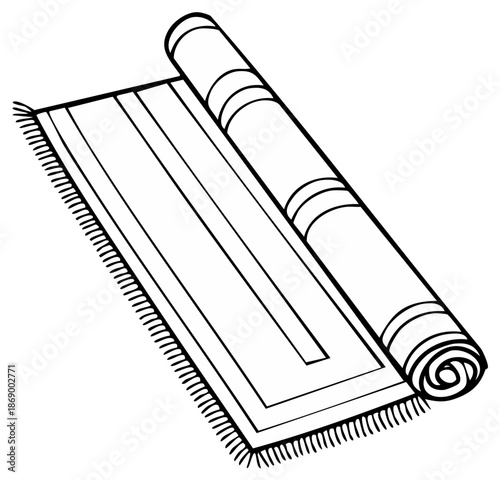 Rolled-up Oriental Rug Illustration, Traditional Pattern, Black and White, Decorative Elements