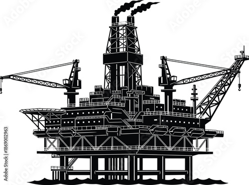 Offshore oil rig vector illustration, industrial drilling platform silhouette, energy production structure, petroleum extraction equipment, marine engineering infrastructure design