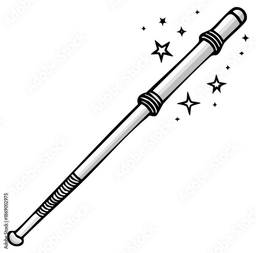 A simple magic wand with sparkles and stars black and white illustration
