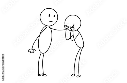 Stick Figure Comforting a Crying Person – Hand Drawn Human Vector