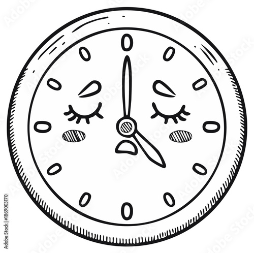 Sleepy Clock Cartoon Illustration Showing Bedtime or Naptime with Closed Eyes and Lashes Hand Drawn Style