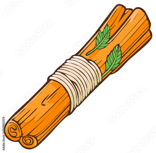 Bundle of cinnamon sticks tied with string and decorated with green leaves