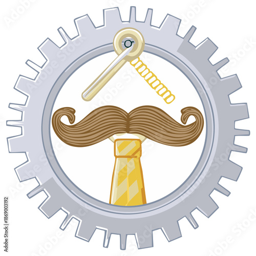 Elegant mustache and striped tie with a corkscrew inside a mechanical gear illustration