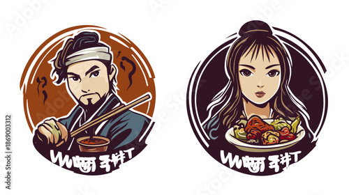 Wok Cooking Cartoon Characters Man and Woman.