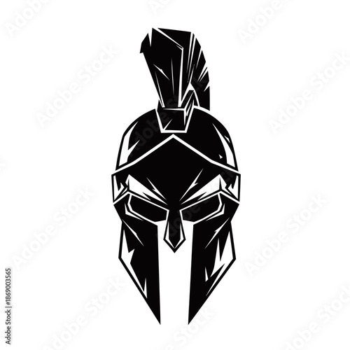 A striking black and white illustration of a Spartan warrior helmet with a prominent crest, depicted in a bold, stylized graphic art style.