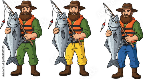 Three Bearded Fisherman Wearing Life Jackets Holding Large Trophy Fish With Fishing Rods In Green Yellow And Blue Pants Set.