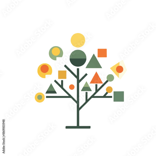 A minimalist illustration of a tree with geometric shapes on its branches viewed from the front