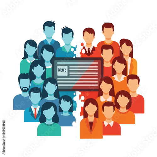 Diverse group of people gathered around a news screen displaying various information