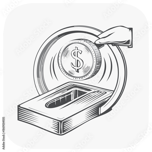 Hand inserting dollar coin into donation box. Charitable giving concept black and white illustration.