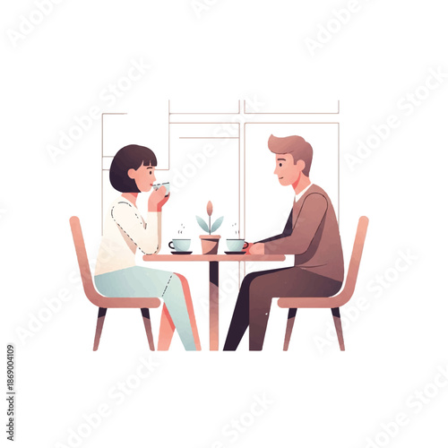 Couple enjoying coffee together at a small table in a minimalist cafe setting