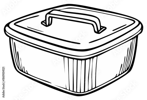 Hand drawn illustration of a lidded container with a handle for food storage and transport