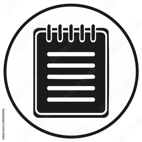 Notebook icon inside a white circle graphic with black outlines for design element or app symbol