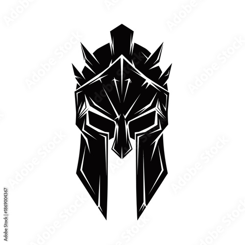 Black and white stylized illustration of a fierce Spartan warrior helmet with sharp angles and imposing design.