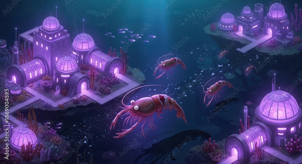 Fototapeta premium Futuristic glowing dome habitats rest on the seabed near swimming crustaceans