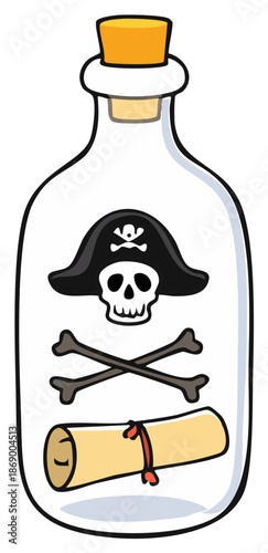 Cartoon Pirate Message in a Bottle with Skull and Crossbones Illustration Design