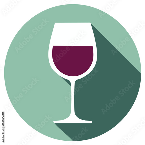 Stylized red wine glass icon with long shadow on a teal green circle background vector