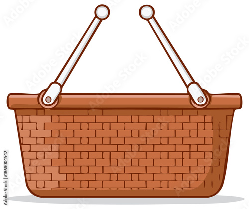 Brown woven empty picnic basket or shopping container with handles cartoon vector illustration
