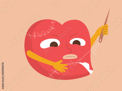 A cartoon heart with a determined face stitches up its own wounds with a needle and thread, minimalist illustration symbolizing emotional healing and self-resilience