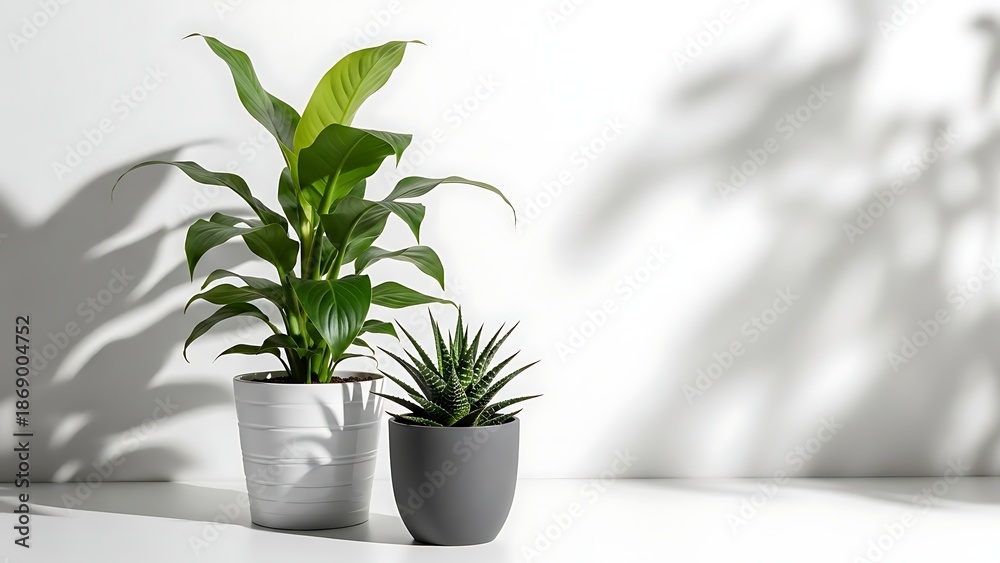 Fototapeta premium Two potted plants on white surface with shadows green leaves