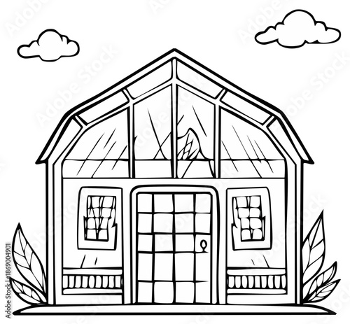 Hand drawn greenhouse or shed vector outline illustration under cloudy sky for coloring book or decoration.