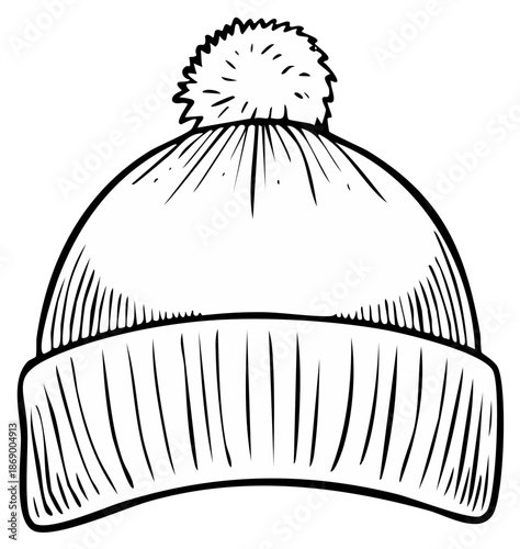 Sketch style wool knitted hat with pompom. Winter fashion accessory drawing.