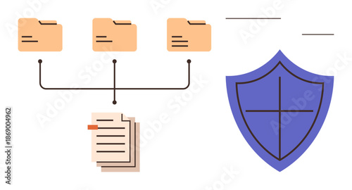 Cybersecurity, data protection, file organization, digital threats, privacy services, secure systems. Document structure and connection to shield icon. Cybersecurity and data protection concept